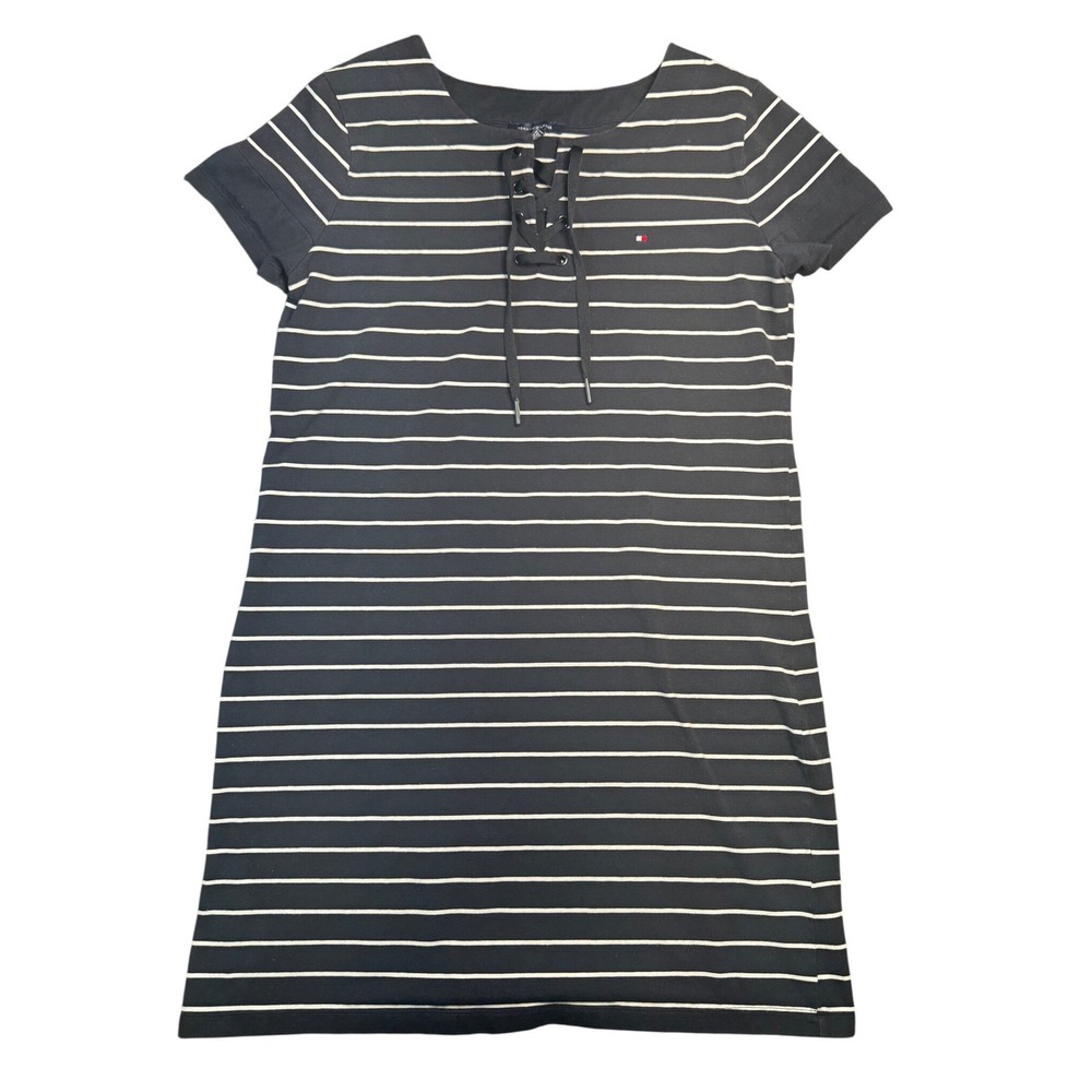 Tommy Hilfiger Women's Large Navy Stripe Dress Lace Up Neck Nautical USA Sailing
